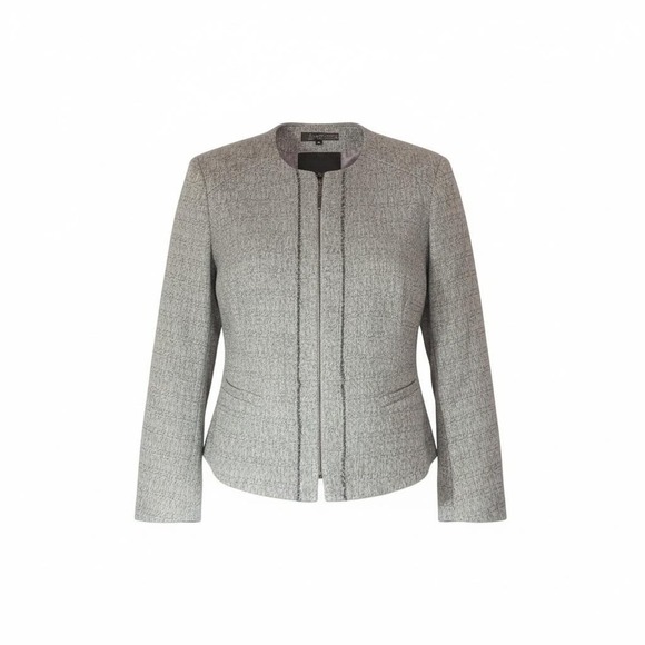 Emily Rose Jackets & Blazers - Emily Blazer Jacket Womens 16 Gray Tweed Collarless Full Zip Fringe Pockets